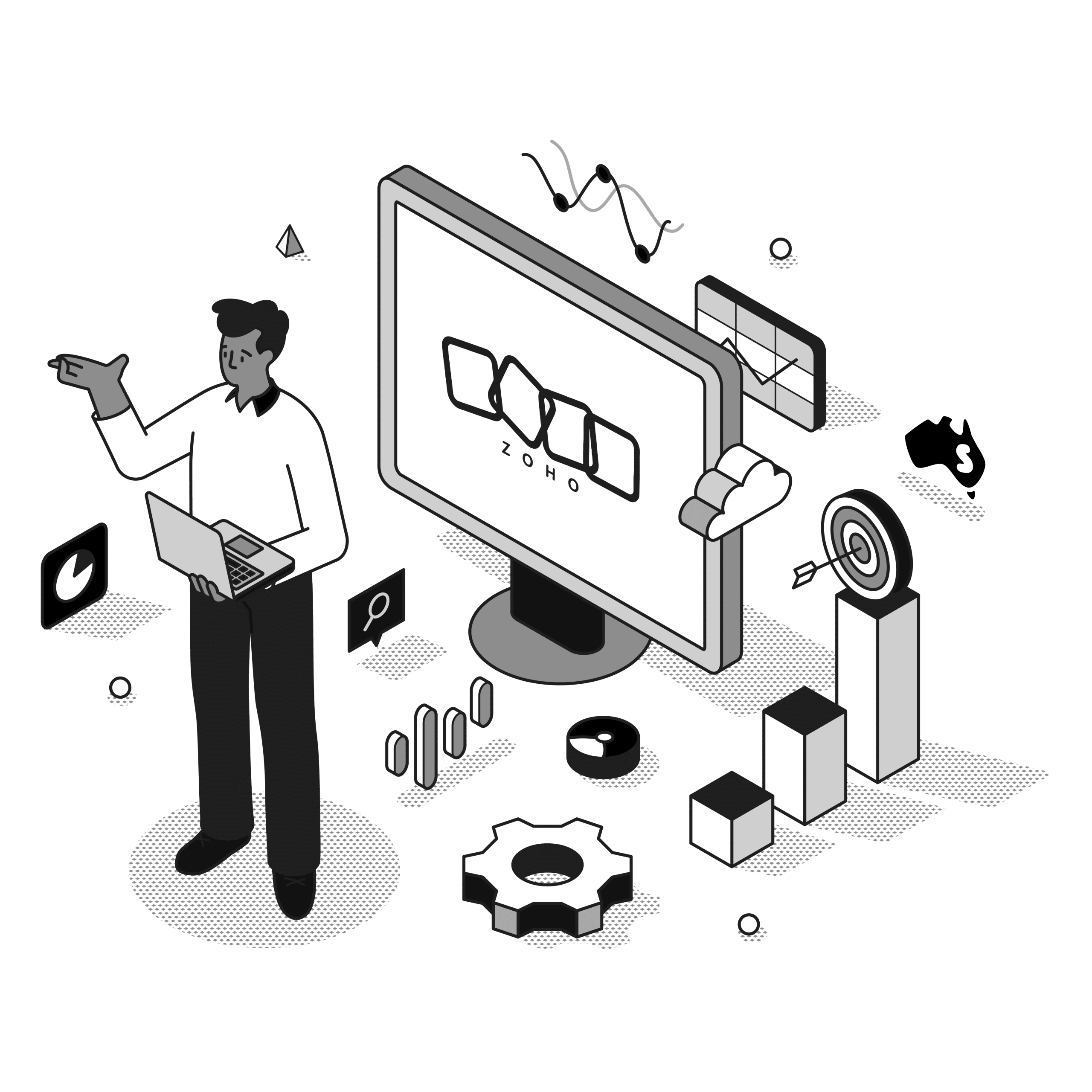 zoho crm consultant illustration in black and white