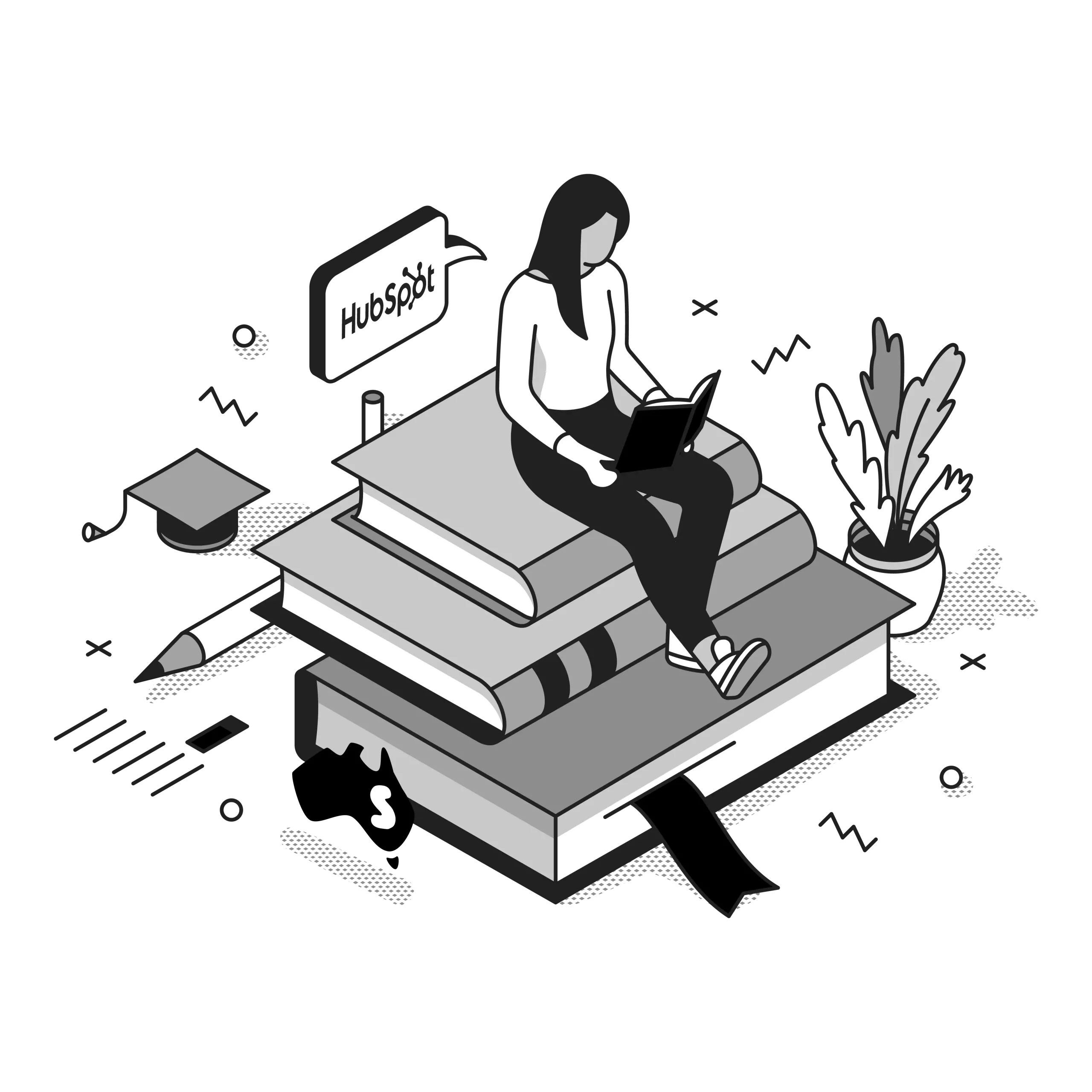 hubspot crm integrations illustration black and white