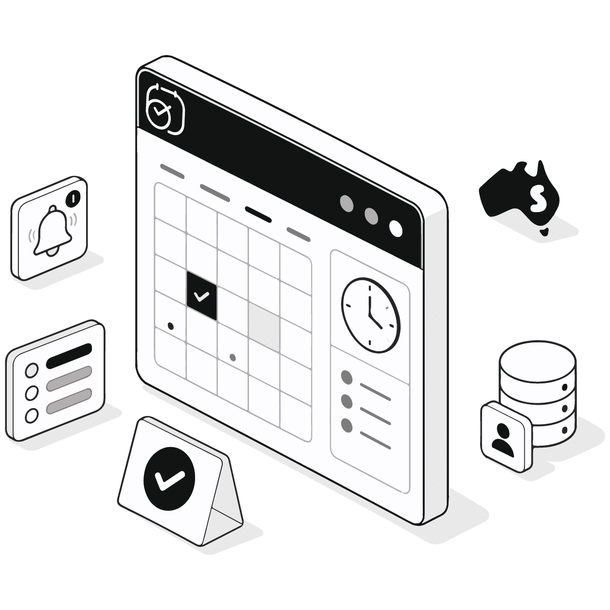 Zoho Bookings Setup Australia Illustration Black & White