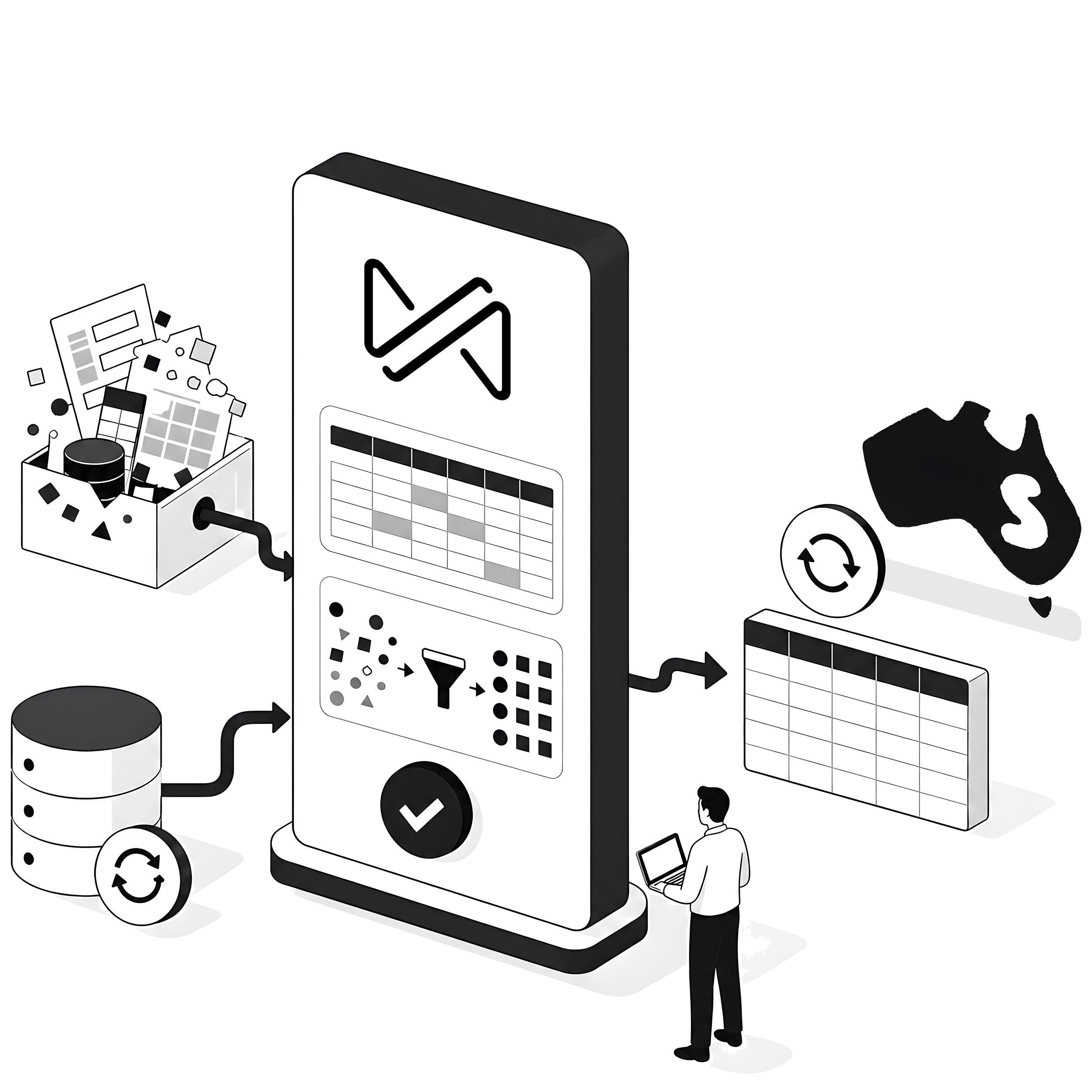 Zoho DataPrep Setup Australia Illustration Black and White