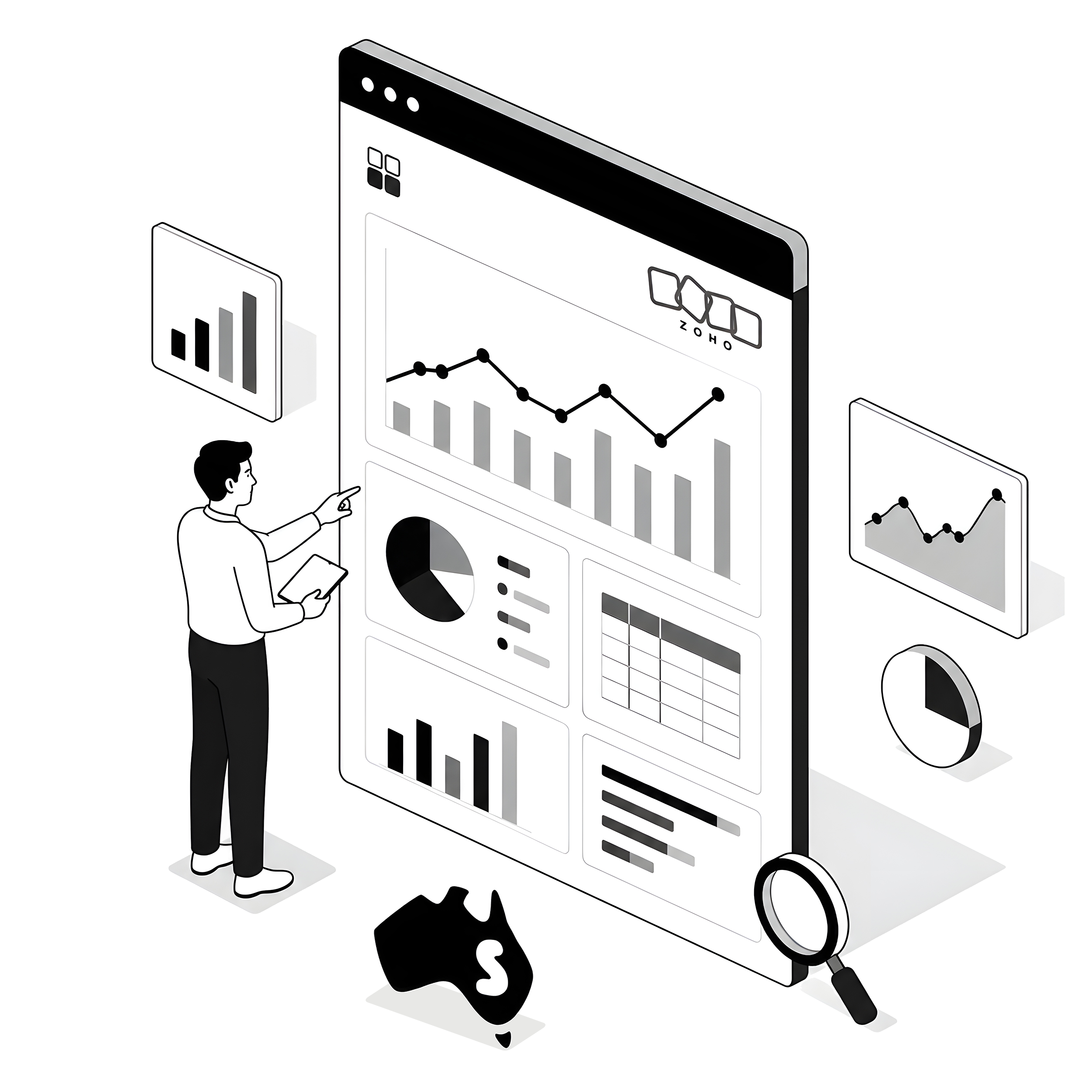 Zoho Embedded BI consultant illustration black and white