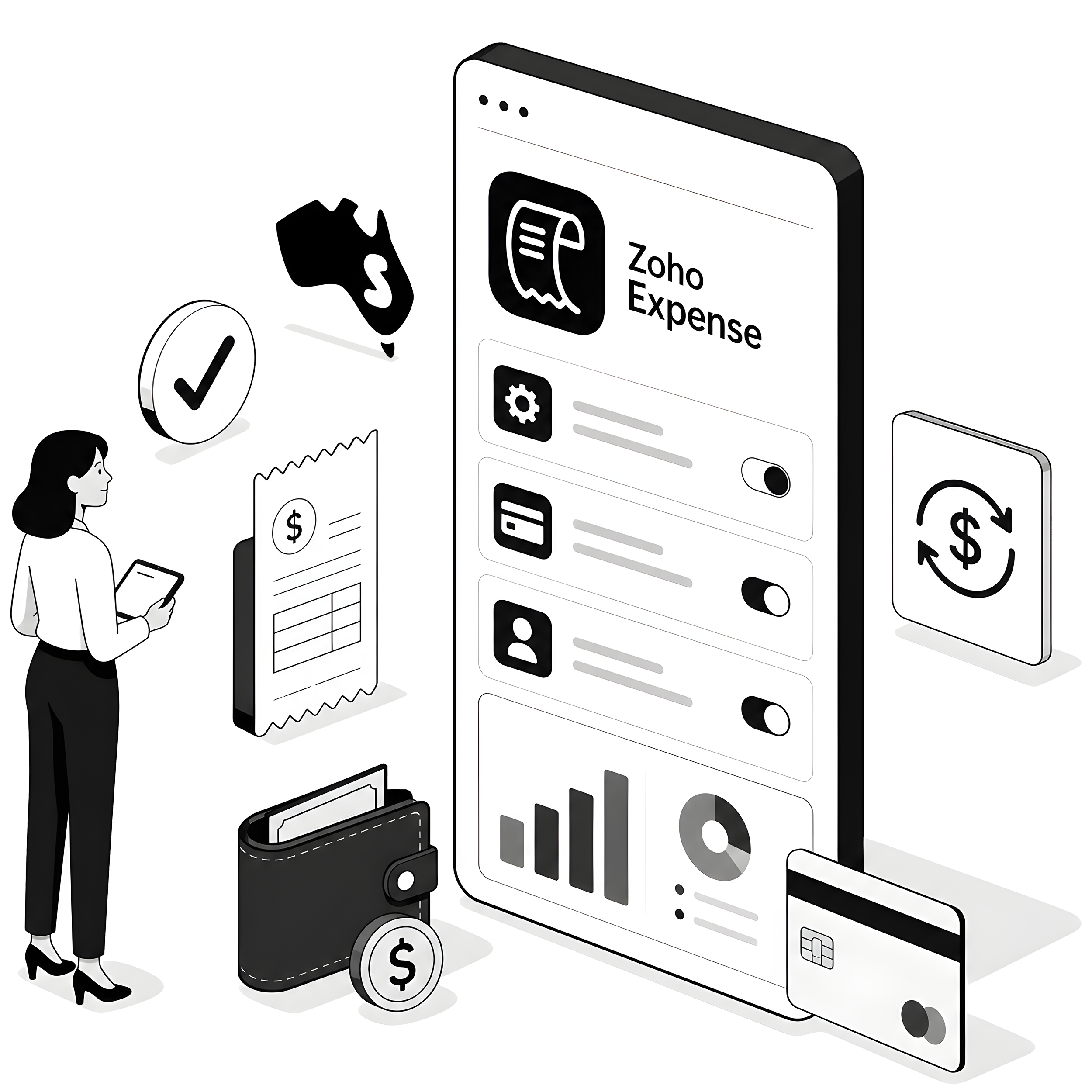 Zoho Expense Setup Australia Illustration Black and White