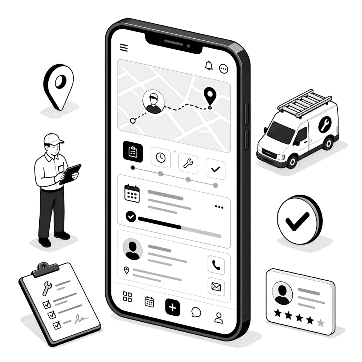 Zoho FSM Implementation Australia Illustration Black & White