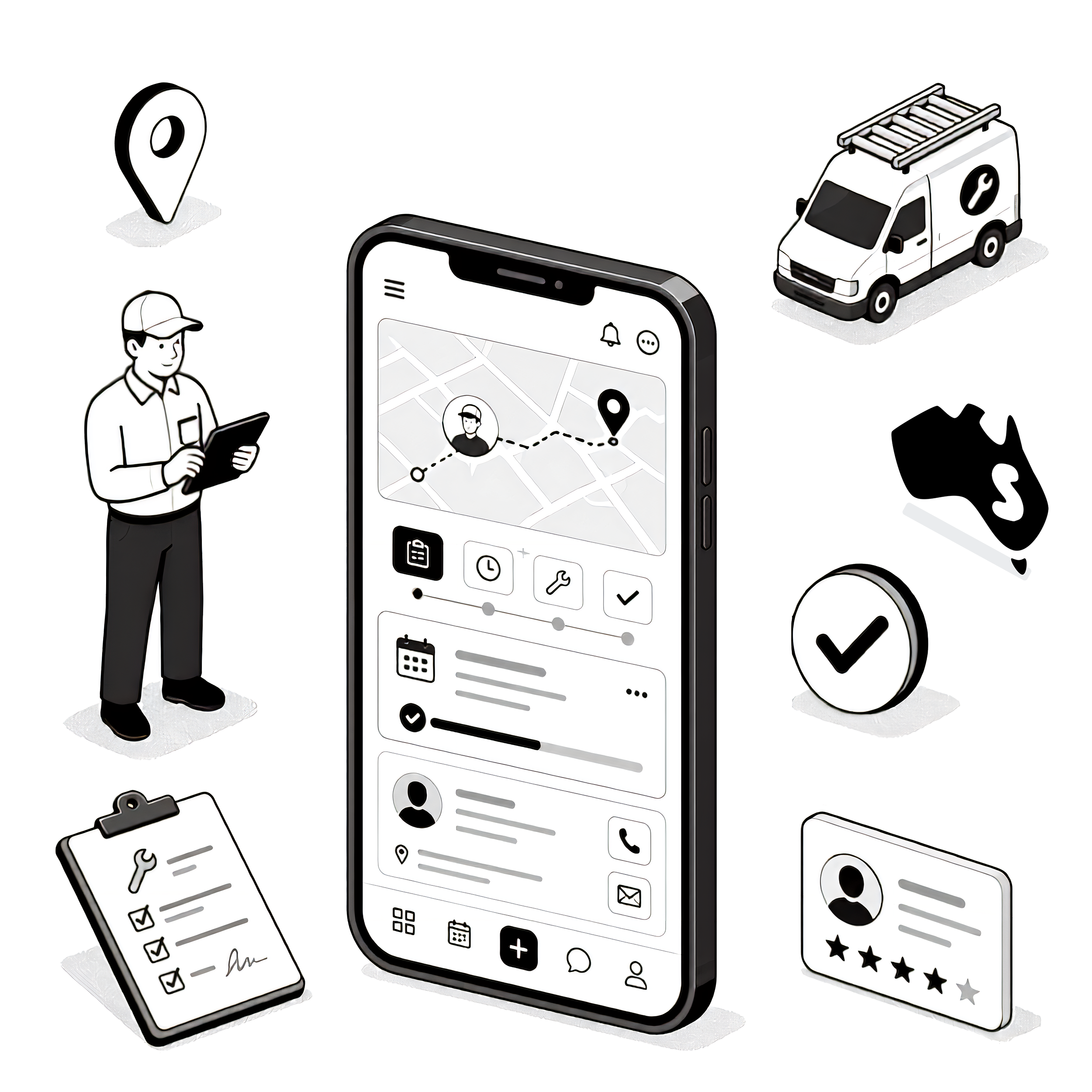 Zoho FSM Implementation Australia illustration black and white