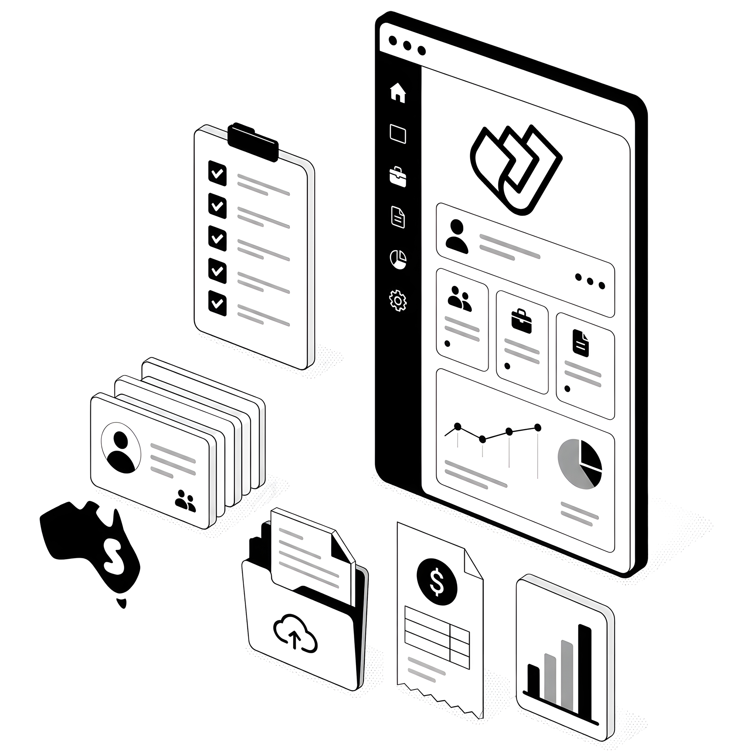 Zoho Practice setup Australia illustration black and white